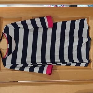 Navy and white striped dress with pink accents